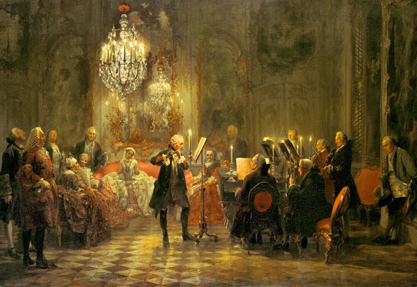 Adolph von Menzel, DAS FLÖTENKONZERT (Friedrich der Große, König, Preussenkönig, Musiker, Querflöte, Schloss, Konzertsaal, Sanssouci, prächtig, prunkvoll, Wohnzimmer, Musikzimmer, Wunschgröße, Malerei, bunt)