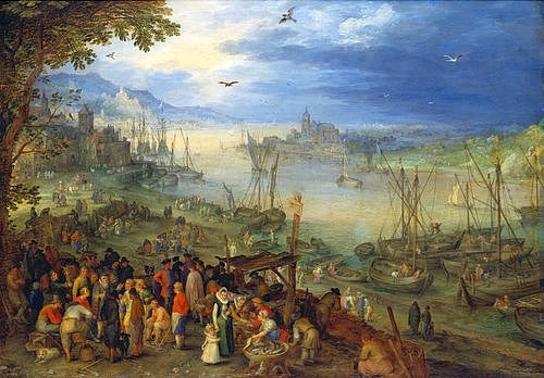 JAN BRUEGHEL DER ÄLTERE, Fischmarkt am Ufer eines Flusses. 1605. (Meer, Küste, Fischer, Fischfang, Fischmarkt, Fischerboote, Landschaft, Genremalerei, Barock, Klassiker, Malerei, Wunschgröße, Wohnzimmer, bunt)