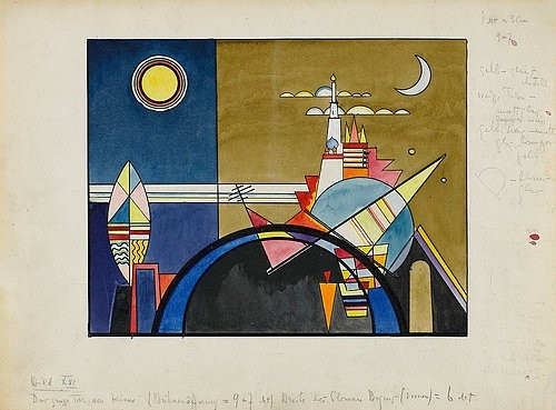 Wassily Kandinsky, Bilder einer Ausstellung, Bild XVI. Das große Tor von Kiew. Bühnenbildentwurf. 1928 (Klassische Moderne, Malerei, abstrakte Kunst, geometrische Formen, abstrakte Muster, Linien, Kreise, Dreiecke, Bögen, Wohnzimmer, Büro, Arztpraxis, Wunschgröße, bunt, Modest Petrowitsch Mussorgski, Aquarell, Entwurf, Mond, Architektur, Bühne, Bühnenbild,)
