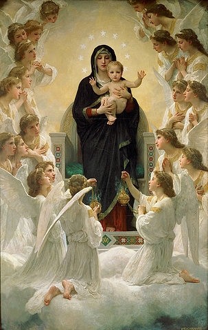 William Adolphe Bouguereau, Regina Angelorum. 1900 (Bouguereau,William Adolphe,1825-1905,Paris,Musée de la Ville,Öl auf Leinwand,19. Jahrhundert,Musée du Petit-Palais,France,Bouguereau, William-Adolphe,Jesus Christus Jesuskind, Christuskind,Madonna Maria Engel Engelsschar Jungfrau Maria himmlisch,Weihrauch)