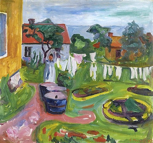 Edvard Munch, Wäsche auf der Leine in Asgardstrand. 1902 (Munch,Edvard,1863-1944,Öl auf Leinwand,Privatbesitz,20. Jahrhundert,Expressionismus,Skandinavien,Munch, Edvard,Wäscheleine,trocknen,aufhängen,Waschtag,Garten,draußen,Wäsche Bottich,Waschtrog Sommer)