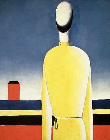 Kasimir Malewitsch, Komplexe Vorahnung (Torso im gelben Hemd). 1928-32 (Malerei, russische Avantgarde,  Mann, Oberkörper, figurativ, Konstruktivismus, Abstraktion,  Klassische Moderne, Wunschgröße, Wohnzimmer, Treppenhaus, bunt)