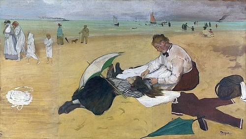 Edgar Degas, Am Strand. Um 1869-70 (London,National Gallery,Degas,Edgar,1834-1917,19. Jahrhundert,Impressionismus,Öl auf Papier,auf Leinwand,Degas, Edgar,Ölessenz,Kindermädchen,Seebad,Strand,Mädchen,kämmen,draußen,Frau,Sonnenschirm)