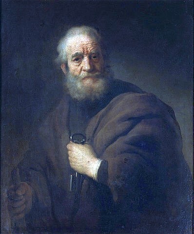 Rembrandt van Rijn, Apostel Petus. 1632 (Rembrandt van Rijn,1606-1669,Stockholm,Nationalmuseum,Öl auf Leinwand,17. Jahrhundert,Barock,Christliche Kunst,Rembrandt van Rhijn,Bart,holländisch,Goldenes zeitalter,biblisch,chiaroscuro,hell-dunkel-kontrast,Schlüssel,Apostel,heiliger Petrus,alt)