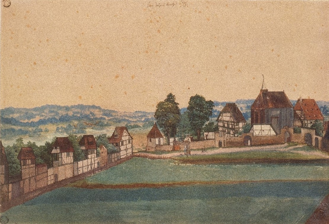Albrecht Dürer, Kirche und Kirchhof von Sankt Johann bei Nürnberg. Um 1494 (Dürer,Albrecht,1471-1528,Bremen,Kunsthalle,15. Jahrhundert,Renaissance,Stadtansicht,Deutschland,deutsche,28195 Bremen,Aquarell und Deckfarben,Kunsthalle Bremen - Der Kunstverein in Bremen. Kupferstichkabinett,Vermächtnis Senator Hieronymus Klugkist 1851,K)