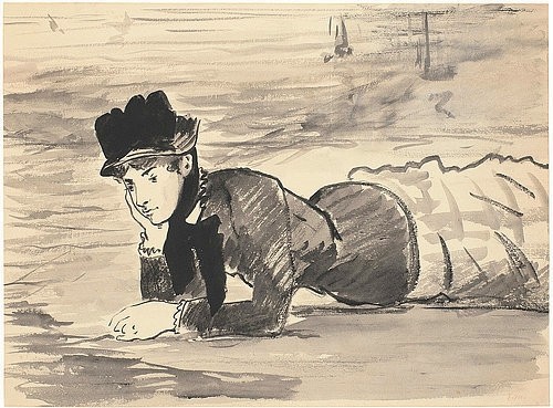 Édouard Manet, Annabel Lee am Strand. Um 1881 (Portrait, junge Frau, Strand, Liegende, Hut, nachdenklich, melancholisch, Zeichnung, Impressionismus, Wohnzimmer, Klassiker, Wunschgröße, schwarz/weiß)