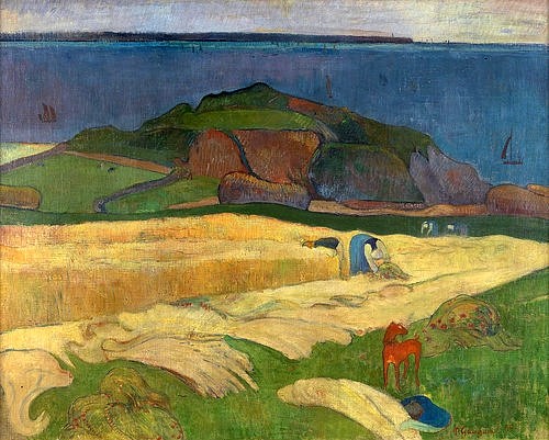 Paul Gauguin, Ernte (Le Pouldu). 1890 (London,National Gallery,Gauguin,Paul,1848-1903,Öl auf Leinwand,19. Jahrhundert,? Fine Art Images,Paul Gauguin,Bretagne,Landspitze,Ernte,Erntezeit,Getreide,Feld,Landwirtschaft,getreideernte,Sommer,Hund,Weizen)