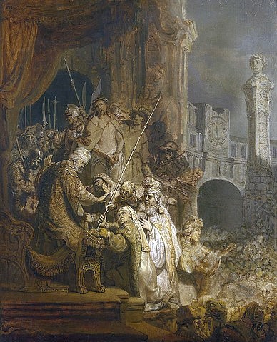 Rembrandt van Rijn, Ecce Homo. 1634 (London,National Gallery,Rembrandt van Rijn,1606-1669,17. Jahrhundert,Barock,Öl auf Papier,auf Leinwand aufgezogen,Christliche Kunst,? Fine Art Images,Neues Testament,Rembrandt van Rhijn,Pontius Pilatus,Jesus Christus,vorführen,Volk,menschenmenge,Büste,Cae)