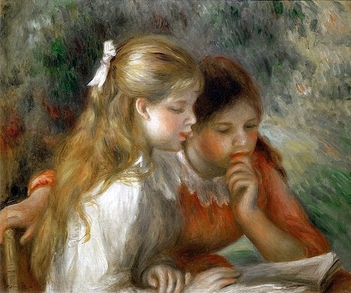 Pierre-Auguste Renoir, Die Lektüre (La Lecture). 1892 (Portraits, zwei Mädchen, Kinder, Buch, Lesende,  Freundinnen, Harmonie, Buch, bürgerlich, Impressionismus, klassische Moderne, Wunschgröße, Wohnzimmer, Malerei)