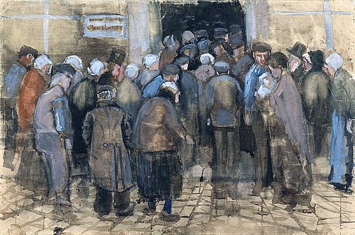 Vincent van Gogh, Die Armen und das Geld (Andrang vor dem Büro der Staatslotterie). 1882 (Gogh,Vincent van,1853-1890,Amsterdam,Van Gogh - Museum,Kreide,19. Jahrhundert,Aquarell,Feder und Tusche auf Papier,Gogh, Vincent, van,arm,armut arme leute unterschicht,proletariat,anstehen,warten,Menschenmenge Gesellschaft)