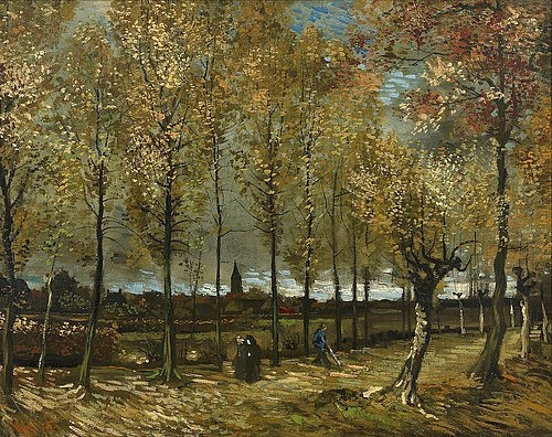 Vincent van Gogh, Pappeln bei Nuenen. 1885 (Post-Impressionismus,19. Jahrhundert,Öl auf Leinwand,Rotterdam,Museum Boijmans Van Beuningen,1853-1890,Gogh,Vincent van,Gogh, Vincent, van,pappeln,Bäume,Allee,Ufer,Flussufer,dunkel,Holland,Niederlande,Herbst Spaziergänger)