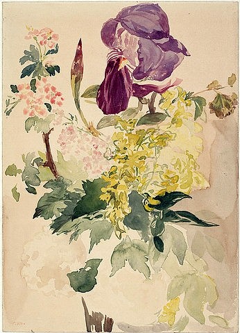 Édouard Manet, Blumenstück mit Schwertlilie, Goldregen und Geranie. 1880 (Blume, Blumen, Blüten, Studie, quarell, Botanik, Lilie, Geranie, Goldregen, Impressionismus, Wohnzimmer, Klassiker, Wunschgröße,)