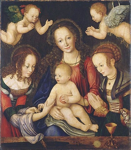 LUCAS CRANACH Der Ältere, Marienaltarretabel, sogenannter Fürstenaltar (Mitteltafel). Um 1510 (Heilige Katharina, Barbara, Maria, Madonna, Apfel, Jesuskind, Christkind,Jesus Christus, Engel, Kelch, Hostie, Religion, Klassiker, Renaissance, Wunschgröße, Wohnzimmer)