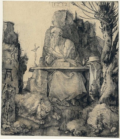 Albrecht Dürer, Heiliger Hieronymus neben der Weide. 1512 (Dürer,Albrecht,1471-1528,Amsterdam,Rijksmuseum,Radierung,16. Jahrhundert,Renaissance,Kaltnadel,deutsche,Albrecht Dürer,Kaltnadelradierung,Heiliger Hieronymus,Löwe,Weidenbaum,Weide,Buße,Eremit,Wildnis,beten)