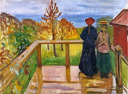 Edvard Munch, Auf der Veranda. 1902 (Munch,Edvard,1863-1944,Oslo,Nasjonalgalleriet,Öl auf Leinwand,20. Jahrhundert,Expressionismus,Skandinavien,Munch, Edvard,Balkon,Mädchen,zwei,Zopf,Rückenansicht,von hinten,Herbst,Herbstlaub,Hüte,herbstlich,Freundinnen,Holzveranda,friedlich)