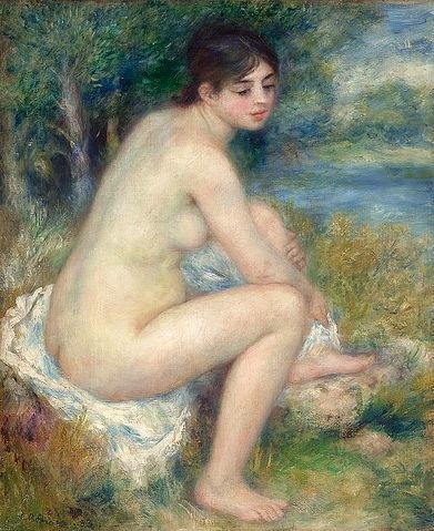 Pierre-Auguste Renoir, Badende, sich den Fuß abtrocknend. 1883 (Wald, Aktmalerei, Seitenakt, nackte Frau, Badende, Waldsee, Weiher, Waldlandschaft, Impressionismus, klassische Moderne, Wunschgröße, Wohnzimmer, Malerei)