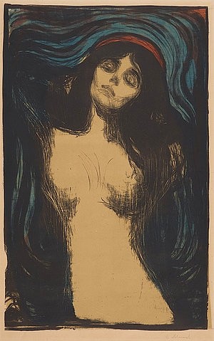 Edvard Munch, Madonna. 1895/1902 (Essen,Museum Folkwang,Munch,Edvard,1863-1944,Farblithographie,20. Jahrhundert,Expressionismus,Graphische Sammlung,Skandinavien,Edvard Munch,Grafik,Druckgrafik,Allegorie Akt Frau 19. Jahrhundert 20 Jahrhundert Sünde Madonna sinnlich Sinnlichkeit Maria erot)