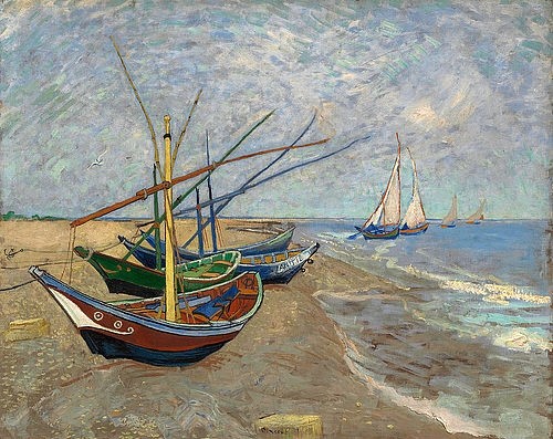 Vincent van Gogh, Fischerboote am Strand von Les Saintes-Maries-de-la-Mer. Arles, Juni 1888. (Gogh,Vincent van,1853-1890,Amsterdam,Van Gogh - Museum,Öl auf Leinwand,19. Jahrhundert,Post-Impressionismus,boote,küste,meer,segelboote,boot,frankreich)