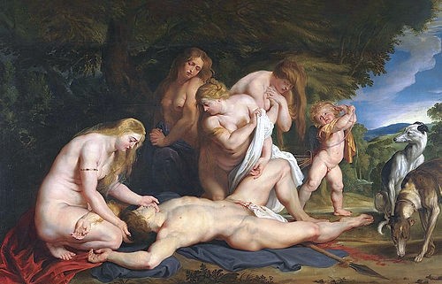 Peter Paul Rubens, Der Tod des Adonis (Venus trauert um Adonis). Um 1614 (Rubens,Peter Paul,1577-1640,Öl auf Leinwand,17. Jahrhundert,Barock,Jerusalem,Israel Museum,Rubens, Pieter Paul,drei Grazien, Adonis Eros Venus Ovid Hunde sterben Frau Frauen Göttin Trauer Geliebter Leid Akt Akte traurig Schmerz Tragödie tragisch)
