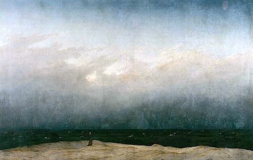 Caspar David Friedrich, Der Mönch am Meer. 1808-1810. (Friedrich,Caspar David,1774-1840,Berlin,Alte Nationalgalerie,Öl auf Leinwand,19. Jahrhundert,Romantik,Landschaft,Küste,Meer,deutsche,landschaft,meer,himmel,person,mann,allein,einsam,einsamkeit,weite,mensch und natur,bedrohlich,isolation,erhabenheit,transz)