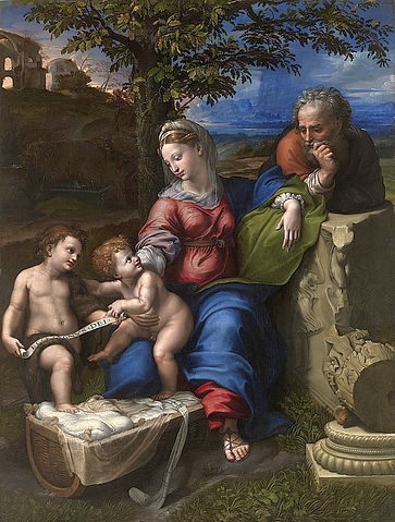 Raffael (Raffaello Sanzio), Madonna della Quercia (Die Heilige Familie unter der Eiche). 1518/-20 (Madrid,Museo del Prado,Raffael (Raffaello Sanzio),1483-1520,Öl auf Holz,16. Jahrhundert,Renaissance,italienische,Raffael,Heilige Familie Wiege Ruine Josef Joseph Maria Jesuskind,Jesus Christus, Christuskind,Spruchband,Ecce Agnus Dei Johannes der Täufer,Ei)