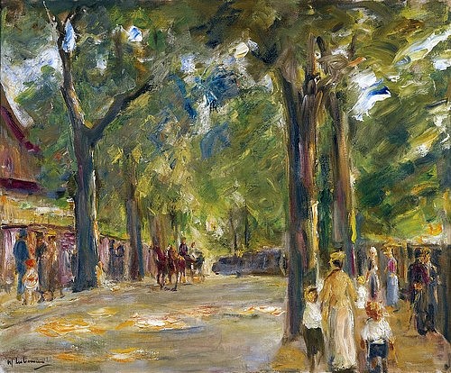 Max Liebermann, Die große Seestraße in Wannsee mit Spaziergängern. (Liebermann,Max,1847-1935,Privatbesitz,Öl auf Leinwand,19. Jahrhundert,20. Jahrhundert,Impressionismus,deutscher,Max Liebermann,Wannsee,Spaziergänger,Allee,Straße,Pferdekutsche)