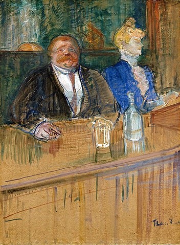 Henri de Toulouse-Lautrec, Im Café. Der Patron und die bleichsüchtige Kassiererin. (Au café: le patron et la caissière chlorotique). 1898 (Toulouse-Lautrec,Henri de,1864-1901,Zürich,Kunsthaus,19. Jahrhundert,Öl auf Karton,Toulouse-Lautrec, Henri, de,Bar,Tresen Kaffeehaus,Fin de Siècle,französisch,Frau,Mann,Gast,Gastronomie,Jahrhundertwende,trinken,schweigen,Nachtleben,Paar,Lokal,ungleiches P)