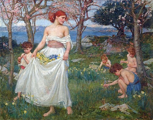 John William Waterhouse, Frühlingslied. 1913 (Waterhouse,John William,1849-1917,Öl auf Leinwand,Präraffaeliten,Mexiko,Collection Pérez Simón,Waterhouse, John William,Frühling,draußen,Garten,Frau,kinder,rothaarig,Osterglocken,Blumen pflücken Wiese harmonisch,Harmonie)