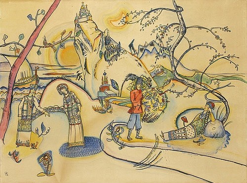 Wassily Kandinsky, Ohne Titel. 1915 (Kandinsky,Wassily,1866-1944,Aquarell/Tusche auf Papier,Privatbesitz,20. Jahrhundert,Kandinsky, Wassily, russisch,Aquarell,Folklore,orthodoxe Kirche Hügel Kahn,märchenhaft Frauen Männer Frühwerk)