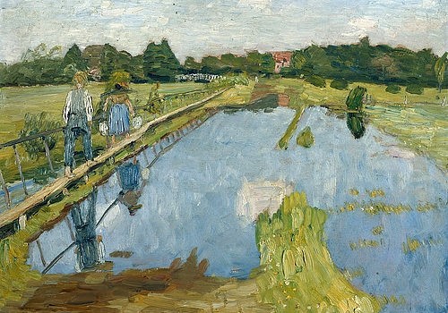 Otto Modersohn, Melker auf dem Steg. Um 1907 (Melker, Milchkannen, Steg, Teich, Fischerhude, Landleben,   bäuerlich, ländlich, Landschaft, Landschaftsmalerei,  Künstlerkolonie Worpswede, Klassische Moderne,   Wohnzimmer, Treppenhaus, Wunschgröße)