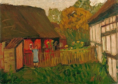 Otto Modersohn, Mädchen vor rotem Haus. 1910 (Bauernhaus, Sommer, Landleben,  Fachwerk, Fachwerkhaus,  Garten, Bauerngarten, Mädchen,    Künstlerkolonie Worpswede, Klassische Moderne,   Wohnzimmer, Treppenhaus, Wunschgröße)