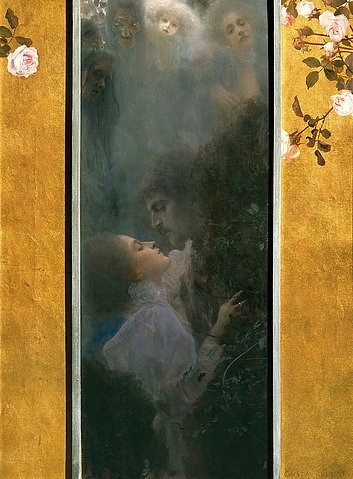 Gustav Klimt, Liebe. 1895. (Paar,liebespaar,Hingabe,hingebungsvoll,romantisch,Rosen,dekor,blumen,blüten,Wiener Sezession,golden)