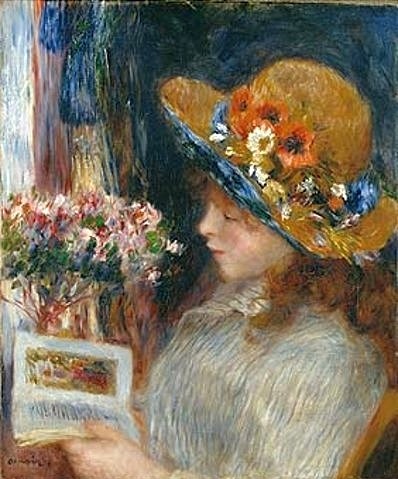 Pierre-Auguste Renoir, Lesendes Mädchen. 1886 (Mädchen, Profil, Portrait, Kind, Lesende, Buch,  Blumenhut, Impressionismus, klassische Moderne, Wunschgröße, Wohnzimmer, Malerei)