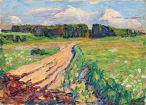 Wassily Kandinsky, Planegg I. Landschaft bei München. Um 1901 (Kandinsky,Wassily,1866-1944,Privatbesitz,Öl auf Leinwand,20. Jahrhundert,Landschaft,Kandinsky, Wassily,Weg,Feldweg,Frühling,Bayern,pastos,Frühwerk,sonnig,Wiese)