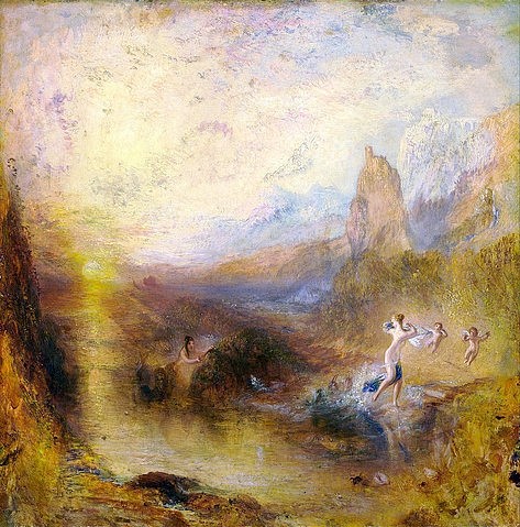 Joseph Mallord William Turner, Glaukos und Skylla. 1841 (Turner,Joseph Mallord William,1775-1851,Fort Worth,Kimbell Art Museum,Öl auf Holz,19. Jahrhundert,Turner, Joseph Mallord William,Metamorphosen,Ovid,Skylla,fliehen,flüchten,Wassermann,Meeresgott,Mythologie,Nymphe,Felsen,rennen,Meer,Sonnenuntergang,Sonne,So)