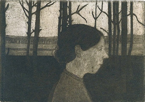 Paula Modersohn-Becker, Bildnis einer Bäuerin. Um 1900 (Hannover,Landesmuseum,Modersohn-Becker,Paula,1876-1907,Radierung,20. Jahrhundert,Künstlerkolonie Worpswede,Paula Modersohn-Becker,Mädchen mit Nase,junge Frau,Profil,Grafik,Bäume)