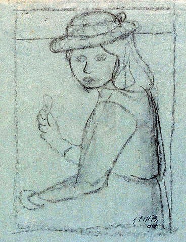 Paula Modersohn-Becker, Mädchen mit Blume. Um 1902 (Hannover,Landesmuseum,Modersohn-Becker,Paula,1876-1907,Kohle,20. Jahrhundert,Portrait,Künstlerkolonie Worpswede,Kind,Paula Modersohn-Becker,Mädchen,Blumen,Hut)