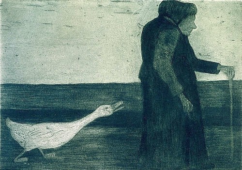 Paula Modersohn-Becker, Die Frau mit der Gans. Um 1900 (Hannover,Landesmuseum,Modersohn-Becker,Paula,1876-1907,Radierung,19. Jahrhundert,20. Jahrhundert,Künstlerkolonie Worpswede,Paula Modersohn-Becker,alt Alte Frau Gans Bäuerin Stock Gehstock Haustier)
