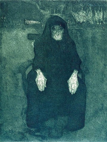 Paula Modersohn-Becker, Sitzende Alte. Um 1900 (Hannover,Landesmuseum,Modersohn-Becker,Paula,1876-1907,Radierung,19. Jahrhundert,20. Jahrhundert,Künstlerkolonie Worpswede,Paula Modersohn-Becker,alt Alte Frau sitzen,Bäuerin,Hände,Kopftuch)