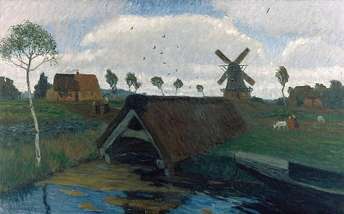 Otto Modersohn, Moorgraben. 1903 (Herbst, Windmühle, Moor, Bauernhaus, Graben, ländlich, Norddeutschland, Landschaft, Landschaftsmalerei,  Künstlerkolonie Worpswede, Klassische Moderne,   Wohnzimmer, Treppenhaus, Wunschgröße)