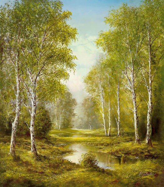 Helmut Glassl, TRANQUILITY (Malerei, Landschaften, Natur,    Birken, Weiher, Einsamkeit, Idylle, Ruhe, Bäume, Nostalgie, Wohnzimmer, Treppenhaus, Wunschgröße, bunt)