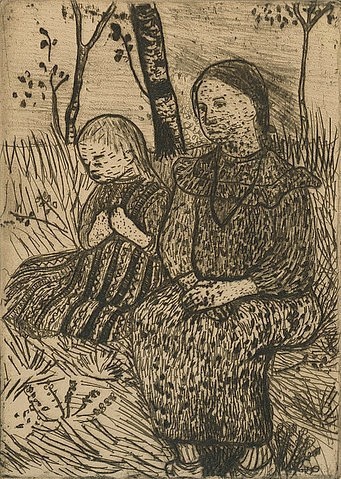 Paula Modersohn-Becker, Zwei Bauernmädchen. Um 1900 (Hannover,Landesmuseum,Modersohn-Becker,Paula,1876-1907,Radierung,20. Jahrhundert,Paula Modersohn-Becker,Mädchen,zwei Kinder,draußen unter Bäumen,Hände im Schoß traurig)