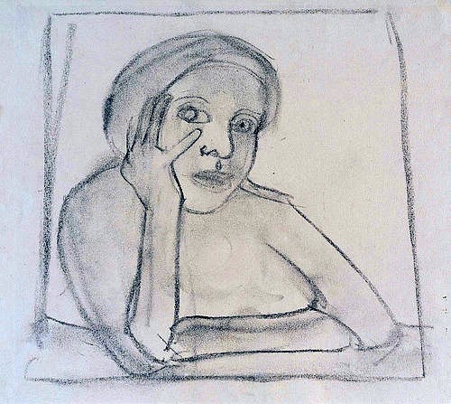 Paula Modersohn-Becker, Frau am Fenster. Um 1904/05 (Hannover,Landesmuseum,Modersohn-Becker,Paula,1876-1907,Kohle,20. Jahrhundert,Paula Modersohn-Becker,Frau,Fenster,Zeichnung,nachdenklich,aufgestützt Hand am Kinn)