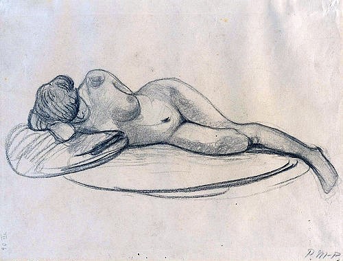 Paula Modersohn-Becker, Liegender Frauenakt. Um 1906 (Hannover,Landesmuseum,Modersohn-Becker,Paula,1876-1907,Kohle,20. Jahrhundert,Paula Modersohn-Becker,Frau,Akt,Frauenakt,liegen)