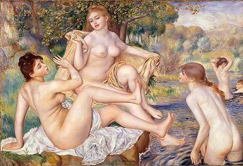 Pierre-Auguste Renoir, Die großen Badenden. 1884-87 (Badende,Frauen, Mädchen, Spaß Aktmalerei, nackt, Sommer, People&Eros, Impressionismus, klassische Moderne, Wunschgröße, Wohnzimmer, Malerei)