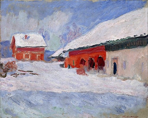 Claude Monet, Les Maisons rouges à Björnegaard (Norvege) / Norwegen. Die roten Häuser in Björnegaard. 1895. (Monet,Claude,1840-1926,Paris,Musée Marmottan,Öl auf Leinwand,19. Jahrhundert,Impressionismus,französischer,norwegen,schnee,schneelandschaft,winter,nordisch,skandinavien,nordeuropa,schnee,häuser,verschneit)