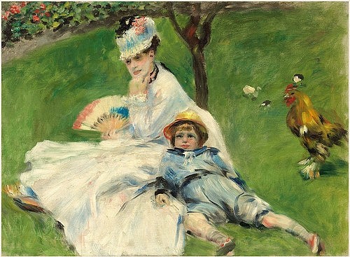 Pierre-Auguste Renoir, Madame Monet mit ihrem Sohn. 1874 (Garten, Künstlergattin, Sohn, Knabe, Kind, Sommer, Sonne, Freizeit, Hahn, Impressionismus, klassische Moderne, Wunschgröße, Wohnzimmer, Malerei)