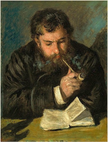 Pierre-Auguste Renoir, Claude Monet. 1872 (Portrait, Künstler, Maler, Claude Monet, Pfeife, Lesender, Buch, Impressionismus, klassische Moderne, Wunschgröße, Wohnzimmer, Malerei)