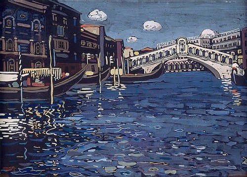 Wassily Kandinsky, Erinnerung an Venedig 4, Rialtobrücke. 1903-04 (Kandinsky,Wassily,1866-1944,Paris,Musée national d'Art moderne,Tempera,20. Jahrhundert,Collection Centre Pompidou,Stadtansicht,Italien,auf Karton,Kandinsky, Wassily,Ponte di Rialto,Canal Grande,Venedig,Wasser,Jugendstil,Frühwerk,malerisch,gondel)