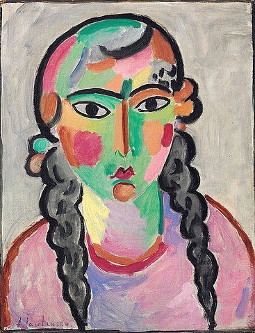 Alexej von Jawlensky, Das blasse Mädchen mit grauen Zöpfen. Um 1916 (Jawlensky,Alexej von,1864-1941,Öl,Privatbesitz,20. Jahrhundert,Portrait,Expressionismus,über Bleistift auf Papier,Jawlensky, Alexei, von,Mädchen, Frau,Zöpfe,ernst,neutraler Hintergrund,Brustbild)